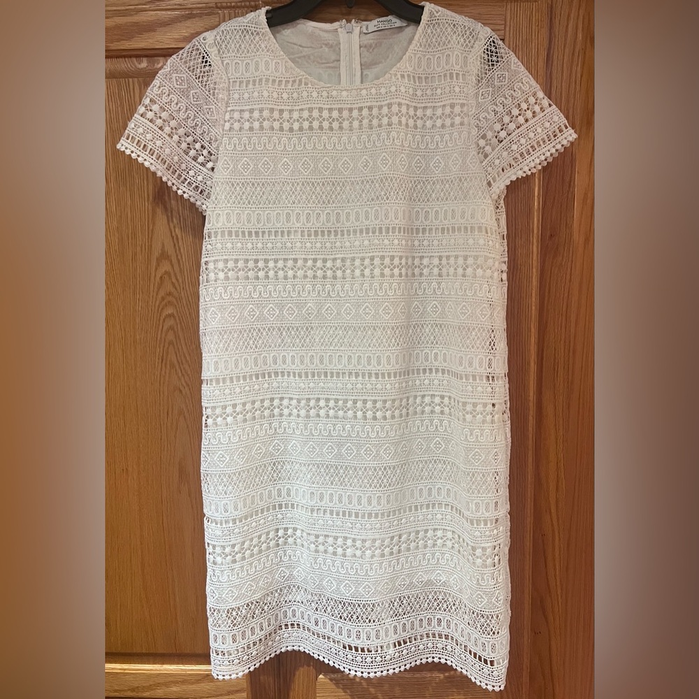 Mango White Crochet Short Sleeve Lined Mini Shift Dress Size 6 Medium Cruise